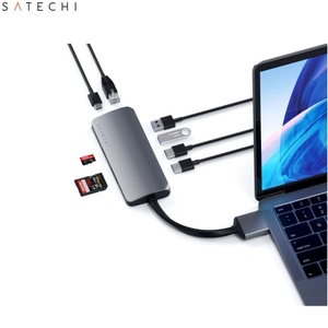 Apple, Satechi - Dual USB C Multiport Pro Hub mit USB C / 4K HDMI / 2x USB 3.0 Anschluss / Gigabit Ethernet / SD- Micro SD Kartenlesegerät (ST-TCDMMAM) - Space Gray, Satechi USB-C® Dockingstation ST-TCDMMAM