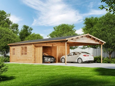 Alpholz, Alpholz Doppelgarage mit Carport Modell Falun-70 ISO, Alpholz Doppelgarage mit Carport Modell Falun-70 ISO