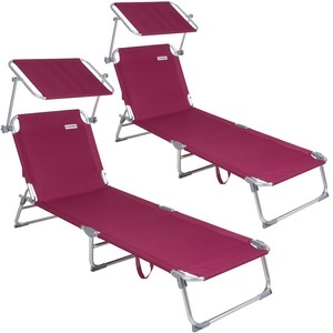 Casaria, Sonnenliege Ibiza 2er-Set Rot Alu mit Sonnendach, Sonnenliege Ibiza 2er-Set Rubinrot 190x59x29cm Alu Sonnendach