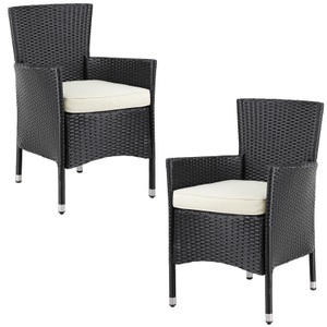 Casaria, Polyrattan Gartenstuhl 2er-Set Schwarz/Creme stapelbar, 