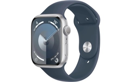 Apple, APPLE Watch Series 9 (GPS, Alu) 45 mm - Smartwatch (M/L 160-210 mm, Fluorelastomer, Silber/Sturmblau), Apple Watch Series 9 GPS 45 mm Aluminiumgehäuse Sport Band Storm Blue M/L