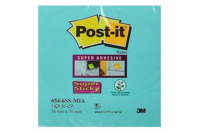 POST-IT, Post-it® Super Sticky Notes, Miami-Farbkollektion, Format 76 x 76 mm, 6 Blöcke, 3M Post-it Super Sticky Notes, 76mm x 76mm, Miami 4 Farben, 654-6SS-MIA, (6 x 90 Blatt)