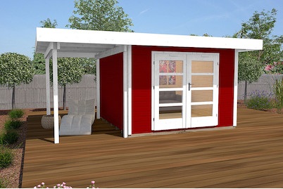 Weka, Weka Designhaus 126 A Gr.1, rot, Anbau 1, Weka Designhaus 126 A mit Anbau und Flachdach | 2.4 × 4.4 m