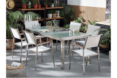 Beliani, Beliani Gartenmöbel Set Crashglas 180 x 90 cm 6-Sitzer Stühle Textilbespannung weiss GROSSETO, 