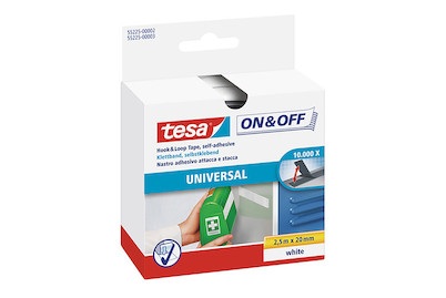 TESA On & Off, TESA On & Off 55225-02-00 Klettband zum Aufkleben Haft- und Flauschteil (L x B) 2500 mm x 20 mm Weiß 1 St., Klettband on&off 2.5mx20mm wei