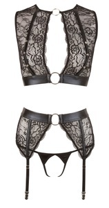 Cottelli Collection Bondage, 3-teiliges Strapsset aus Spitze und Powernet mit Fesseln zum Fixieren der Arme, 3-teiliges Set mit Armfesseln