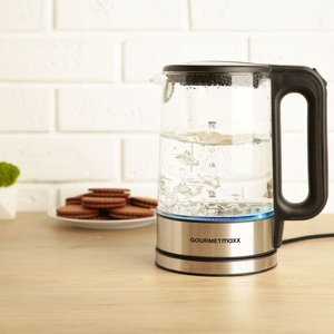 GourmetMaxx, Gourmetmaxx Glas-Wasserkocher 1.7 Liter, transparent, GourmetMaxx GOURMETmaxx Glas-Wasserkocher LED 1,7l 2200W Edelstahl/schwarz kabellos Wasserkocher kabelgebunden