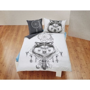 undefined, Bettwäsche mit Wolf und Traumfänger, grau, Bettwäsche mit Wolf und Traumfänger ? Bettwäsche mit Wolf und Traumfänger ? 65x100 cm / 160x210 cm