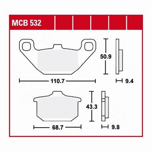TRW - (TRW KFZ Ausruestung GmbH), TRW - Bremsbelagsatz, Scheibenbremse, TRW Lucas Bremsbeläge organisch MCB532 110,7/68,7x50,9/43,3x9,4/9,8mm