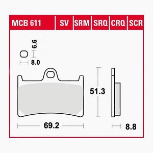 TRW - (TRW KFZ Ausruestung GmbH), TRW - Bremsbelagsatz, Scheibenbremse, TRW Lucas Bremsbeläge organisch MCB611 69,2x51,3x8,8mm
