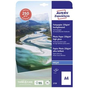 Avery Zweckform, Avery-Zweckform Premium Photo Paper Inkjet 2739 Fotopapier DIN A4 250 g/m² 40 Blatt Hochglänzend, Avery-Zweckform Premium Inkjet Photo Paper high gloss 2739 Fotopapier DIN A4 250 g/m² 50 Blatt Hochglänzend