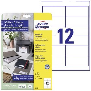 Avery Zweckform, Avery-Zweckform 6123 Etiketten 97.3 x 42.3 mm Papier Weiß 120 St. Permanent Universal-Etiketten Tinte, Laser, Kopie 10, AVERY Zweckform Universaletiketten 6123 Selbsthaftend A4 Weiss 97 x 42,3 mm 10 Blatt à 12 Etiketten