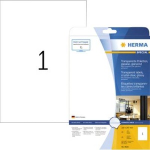 HERMA, Herma 8020 Etiketten (A4) 210 x 297 mm Folie, glänzend Transparent 1 St. Permanent Folien-Etiketten, Herma glänzende Folien-Etiketten Nr. 8020 auf DIN 4-Blättern, 25 Etiketten, 25 Bogen