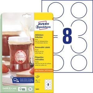 Avery Zweckform, Avery-Zweckform 5081 Etiketten Ø 65 mm Papier Weiß 1 Set Wiederablösbar Universal-Etiketten 10 Blatt DIN A4, Avery-Zweckform 5081 Universal-Etiketten Ø 65 mm Papier Weiß 80 St. Wiederablösbar Farblaserdrucker, Laserdrucker,