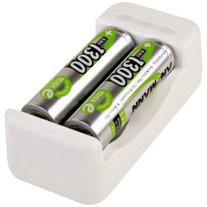 Ansmann, Ansmann Basic II + 2× AA 1300mAh Rundzellen-Ladegerät 2x Mignon NiCd Micro (AAA), Mignon (AA), Akkuladegerät für Batterien Ansmann Basic II, 1-2x AA/AAA, inkl. USB-Kabel, inkl. 2 AA-Akkus, B 36,5 × T 26 × H 75 mm, weiss