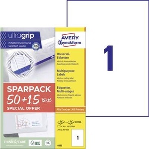 Avery Zweckform, Avery-Zweckform 6603 210 x 297 mm Papier Weiß 65 St. Permanent Universal-Etiketten Laser 65 Blatt DIN A4, Avery-Zweckform 6603 Universal-Etiketten 210 x 297 mm Papier Weiß 65 St. Permanent haftend Farblaserdrucker,