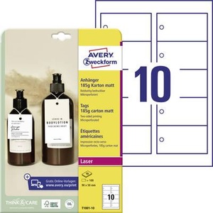 Avery Zweckform, Avery-Zweckform T1001-10 Etiketten (A4) 90 x 50 mm Karton Weiß 100 St. Nicht klebend Anhänger-Etiketten, Avery-Zweckform T1001-10 Anhänger-Etiketten 90 x 50 mm Karton Weiß 100 St. Nicht klebend Farblaserdrucker, Laserdrucker