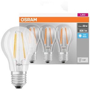 Osram, OSRAM LED-Lampe E27 Classic Fil. 840 7W klar 3er, OSRAM 3er-Set LED PROMO 7-W-Filament-LED-Lampe E27, neutralweiß, klar