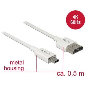 Delock, Delock HDMI Anschlusskabel [1x HDMI-Stecker - 1x HDMI-Stecker D Micro] 0.5 m Weiß, Delock Kabel 4K 60Hz HDMI - Micro-HDMI (HDMI-D), 0.5 m, Weiss
