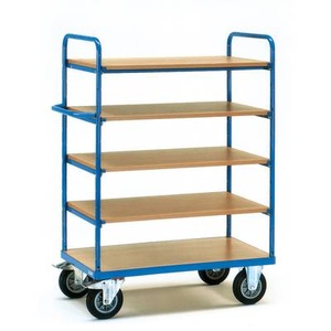 Fetra, Fetra 8243 Etagenwagen Stahl pulverbeschichtet Traglast (max.): 500 kg Brillantblau (RAL 5007), fetra® Etagenwagen mit Holzböden, 5 Etagen à 1.200 x 800 mm, Höhe 1.552 mm
