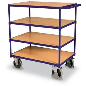 VARIOfit, VARIOfit SW-800.700 Tischwagen Stahl pulverbeschichtet Traglast (max.): 500 kg Enzianblau (RAL 5010), Schwerer Tischwagen, Stahl/MDF-Platte, Enzianblau/Buche-Dekor, 4 Etagen, L 1200 x B 800 mm, TPE-Rollen mit EasySTOP, bis 500 kg