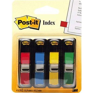 POST-IT, Post-it Haftmarker 7000144923 4 Block/Pack. Rot, Gelb, Grün, Blau, 3M Post-it Index schmal, 11.9mm x 43.2mm, 4-farbig assortiert, 683-4, (4 x 35 Blatt)
