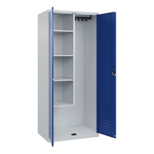 CP, C+P Putzmittelspind Classic PLUS, 1 Abteil, Trennwand mittig, verkürzt, lichtgrau / enzianblau, B 800 mm, mit Bodengleitern, Drehriegel