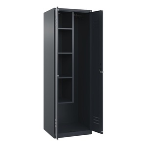 CP, C+P Putzmittelspind Classic PLUS, 1 Abteil, Trennwand mittig, verkürzt, grau, B 600 mm, mit Bodengleitern, Drehriegel