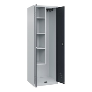 CP, C+P Putzmittelspind Classic PLUS, 1 Abteil, Trennwand mittig, verkürzt, lichtgrau / grau, B 600 mm, mit Bodengleitern, Zylinderschloss