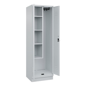 CP, C+P Putzmittelspind Classic PLUS, 1 Abteil, Trennwand mittig, verkürzt, lichtgrau, B 600 mm, mit Bodensockel, Drehriegel