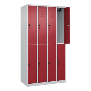 CP, C+P Doppelstock-Spind Classic PLUS, 4 Abteile, HxBxT 1.850 x 1.000 x 500 mm, lichtgrau, rubinrot, für Vorhängeschloss, 8 Fächer
