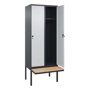CP, C+P Spind Classic PLUS, 2 Abteile, HxBxT 2.120 x 800 x 815 mm, für Vorhängeschloss, auskragende Bank aus Buche, anthrazitgrau, lichtgrau