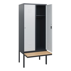CP, C+P Spind Classic PLUS, 2 Abteile, HxBxT 1.950 x 800 x 815 mm, Zylinderschloss, auskragende Bank aus Buche, anthrazitgrau, lichtgrau