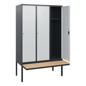 CP, C+P Spind Classic PLUS, 3 Abteile, HxBxT 1.950 x 1.200 x 815 mm, Zylinderschloss, auskragende Bank aus Buche, anthrazitgrau, lichtgrau