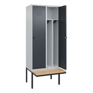 CP, C+P Spind Classic PLUS Sitzbank, 2 Abteile, mittig, lichtgrau / grau, B 800 mm, Sicherheits-Drehriegel, auskragend, Buche-Hartholz