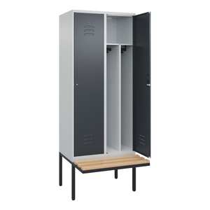CP, C+P Spind Classic PLUS Sitzbank, 2 Abteile, mittig, lichtgrau / grau, B 800 mm, Zylinderschloss, auskragend, Buche-Hartholz