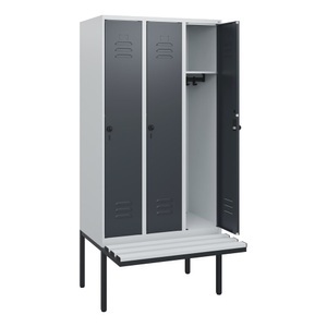 CP, C+P Spind Classic PLUS, 3 Abteile, HxBxT 1.950 x 900 x 815 mm, für Vorhängeschloss, auskragende Bank aus Kunststoff, lichtgrau, anthrazitgrau