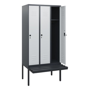 CP, C+P Spind Classic PLUS, 3 Abteile, HxBxT 1.950 x 900 x 815 mm, für Vorhängeschloss, auskragende Bank aus Kunststoff, anthrazitgrau, lichtgrau