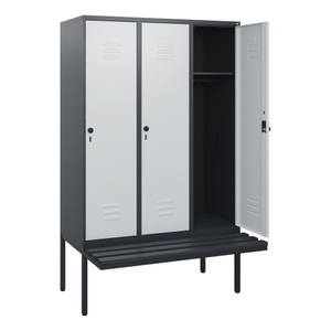 CP, C+P Spind Classic PLUS, 3 Abteile, HxBxT 1.950 x 1.200 x 815 mm, für Vorhängeschloss, auskragende Bank aus Kunststoff, anthrazitgrau, lichtgrau