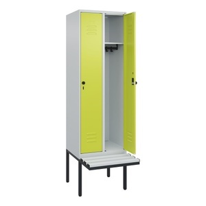 CP, C+P Spind Classic PLUS, 2 Abteile, HxBxT 2.120 x 600 x 815 mm, für Vorhängeschloss, auskragende Bank aus Kunststoff, lichtgrau, clowngrün