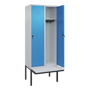 CP, C+P Spind Classic PLUS Sitzbank, 2 Abteile, lichtgrau / lichtblau, B 800 mm, Sicherheits-Drehriegel, auskragend, Kunststoff