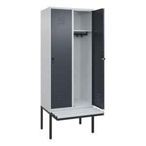 CP, C+P Spind Classic PLUS Sitzbank, 2 Abteile, lichtgrau / grau, B 800 mm, Sicherheits-Drehriegel, auskragend, Kunststoff