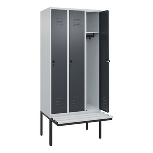 CP, C+P Spind Classic PLUS Sitzbank, 3 Abteile, lichtgrau / grau, B 900 mm, Sicherheits-Drehriegel, auskragend, Kunststoff