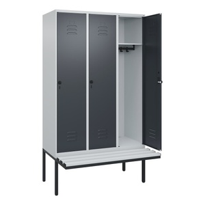 CP, C+P Spind Classic PLUS Sitzbank, 3 Abteile, lichtgrau / grau, B 1200 mm, Sicherheits-Drehriegel, auskragend, Kunststoff