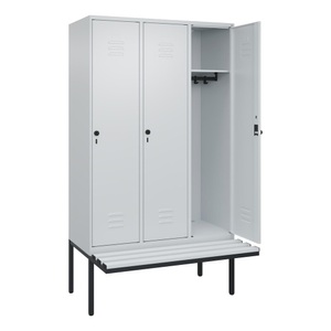 CP, C+P Spind Classic PLUS Sitzbank, 3 Abteile, lichtgrau, B 1200 mm, Sicherheits-Drehriegel, auskragend, Kunststoff