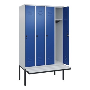 CP, C+P Spind Classic PLUS Sitzbank, 4 Abteile, lichtgrau / enzianblau, B 1200 mm, Sicherheits-Drehriegel, auskragend, Kunststoff
