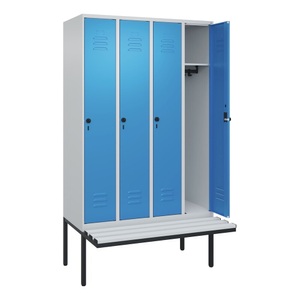 CP, C+P Spind Classic PLUS Sitzbank, 4 Abteile, lichtgrau / lichtblau, B 1200 mm, Sicherheits-Drehriegel, auskragend, Kunststoff