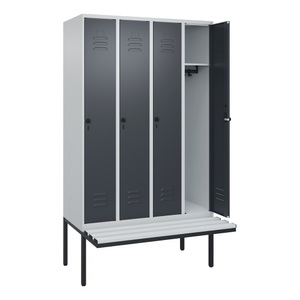 CP, C+P Spind Classic PLUS Sitzbank, 4 Abteile, lichtgrau / grau, B 1200 mm, Sicherheits-Drehriegel, auskragend, Kunststoff