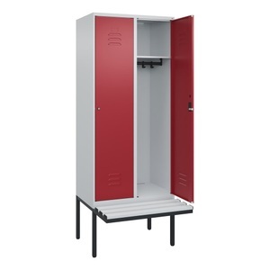 CP, C+P Spind Classic PLUS, 2 Abteile, HxBxT 2.120 x 800 x 815 mm, Zylinderschloss, auskragende Bank aus Kunststoff, lichtgrau, rubinrot
