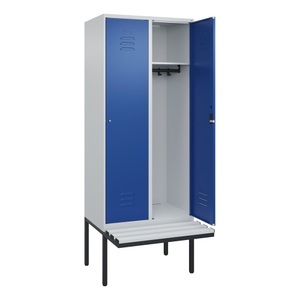 CP, C+P Spind Classic PLUS Sitzbank, 2 Abteile, lichtgrau / enzianblau, B 800 mm, Zylinderschloss, auskragend, Kunststoff